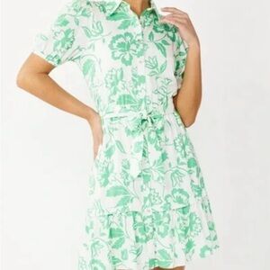 Draper James Puff Sleeve Floral Green and White Shirt Dress